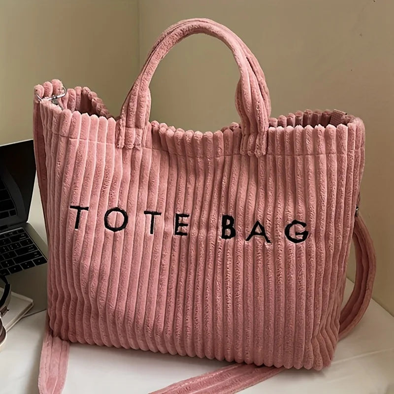 Large Capacity Striped Velvet Corduroy Tote Handbag