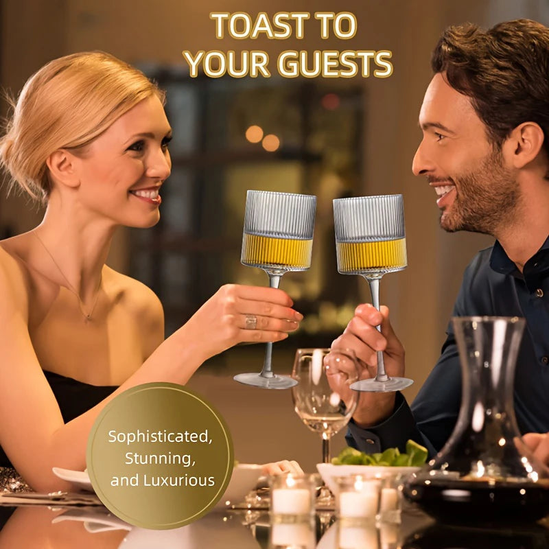 Elegant Ribbed Wine Glass Long Stem Unique Modern Shape