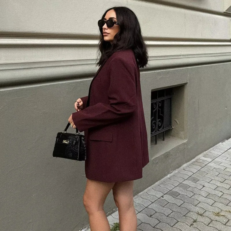 Women's Trending Oversized Double Breasted Blazer in Burgundy