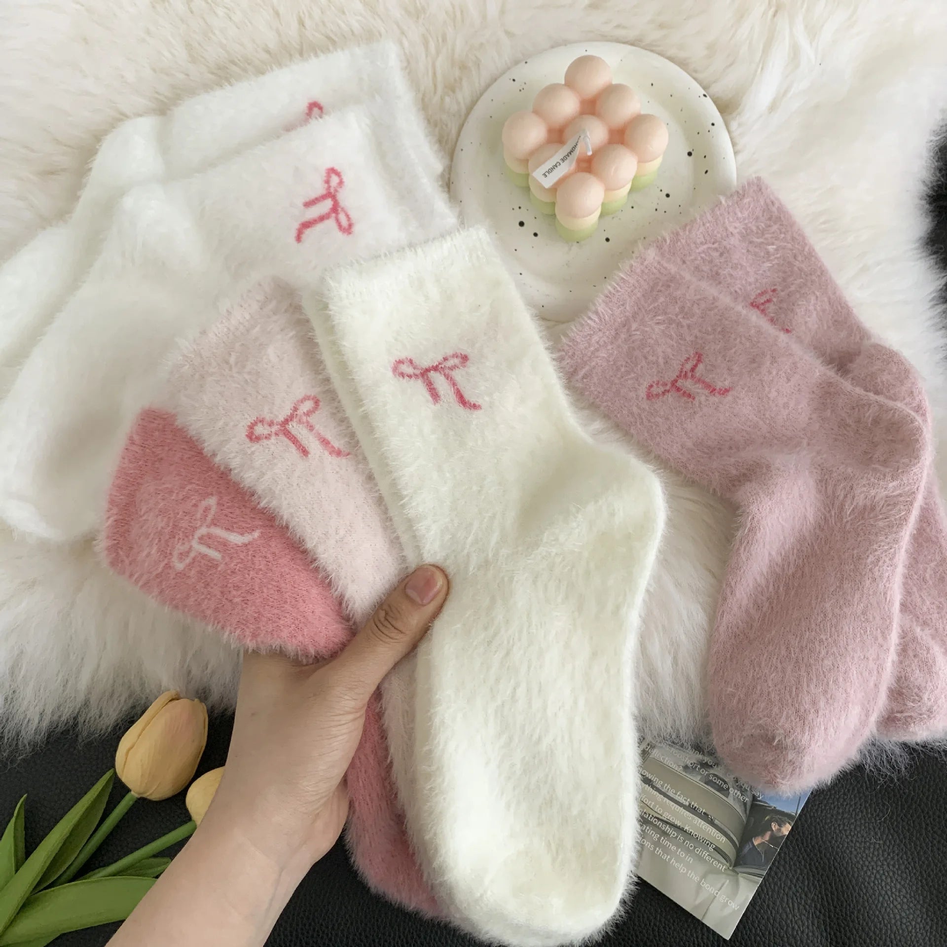 5 Pairs Cute Cosy Pink Bow Winter Socks for Girls