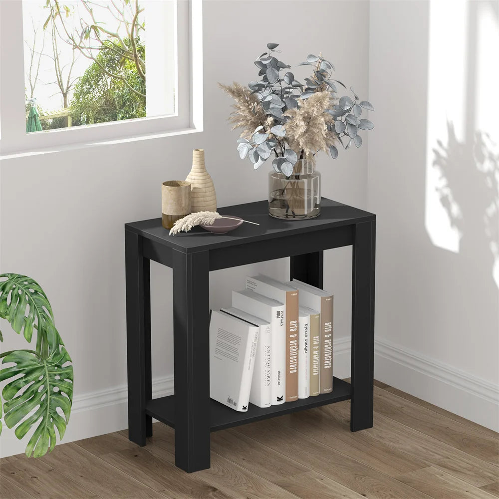Space Saving Side Table in Black with 2-Tier Open Storage