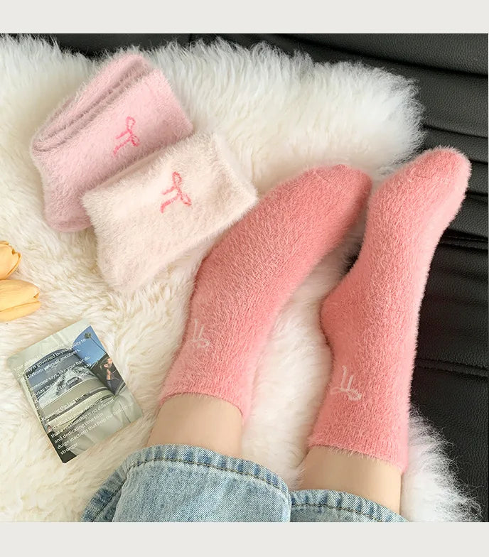 5 Pairs Cute Cosy Pink Bow Winter Socks for Girls