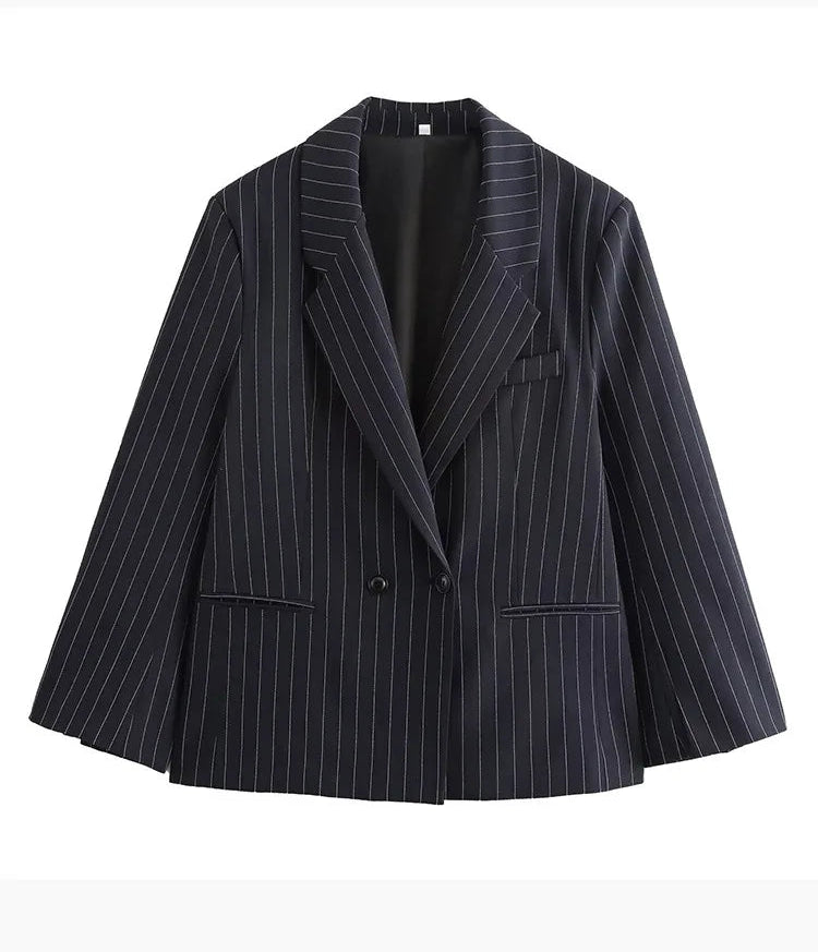 Navy Blue Pinstripe Single Breast Classic Women's Blazer