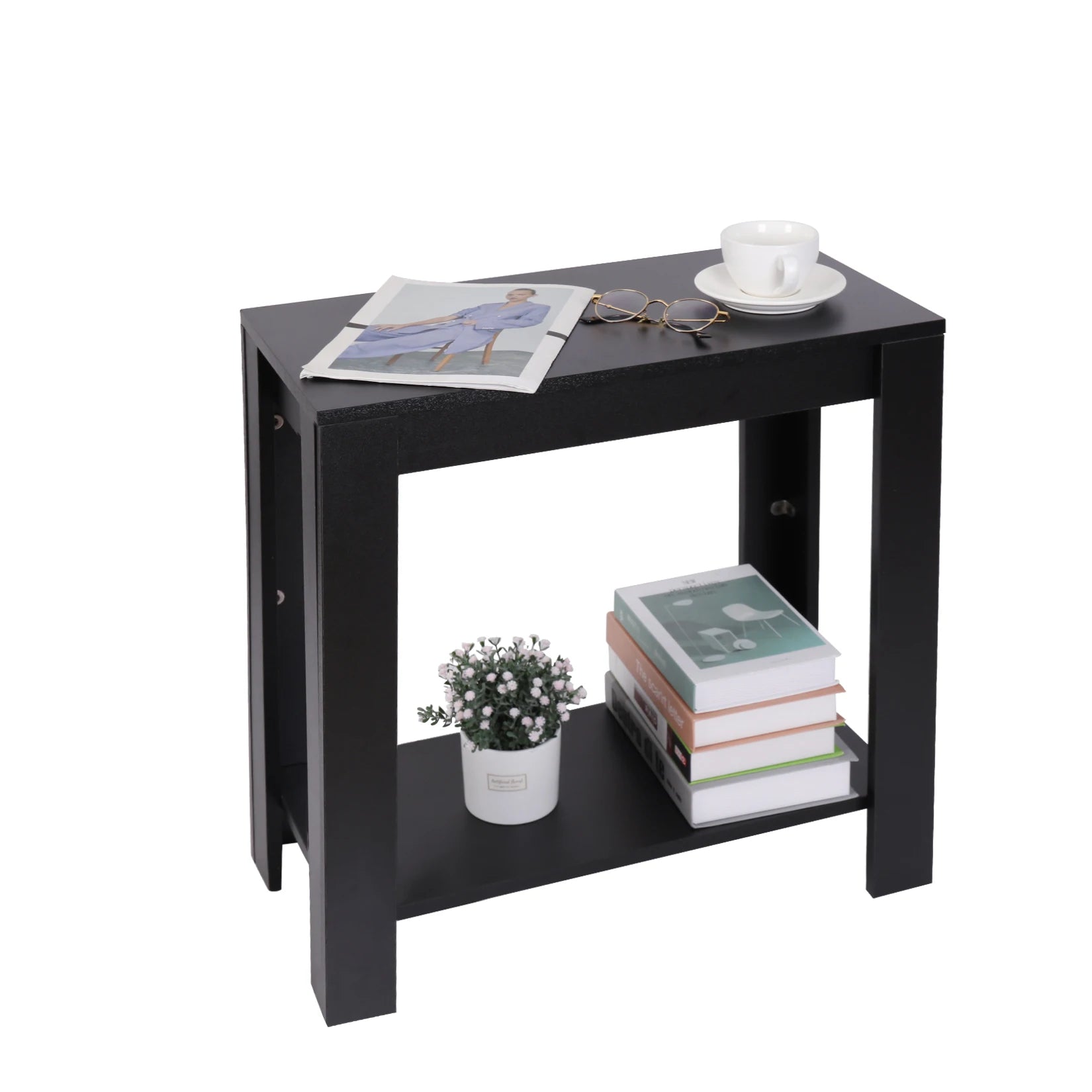 Space Saving Side Table in Black with 2-Tier Open Storage
