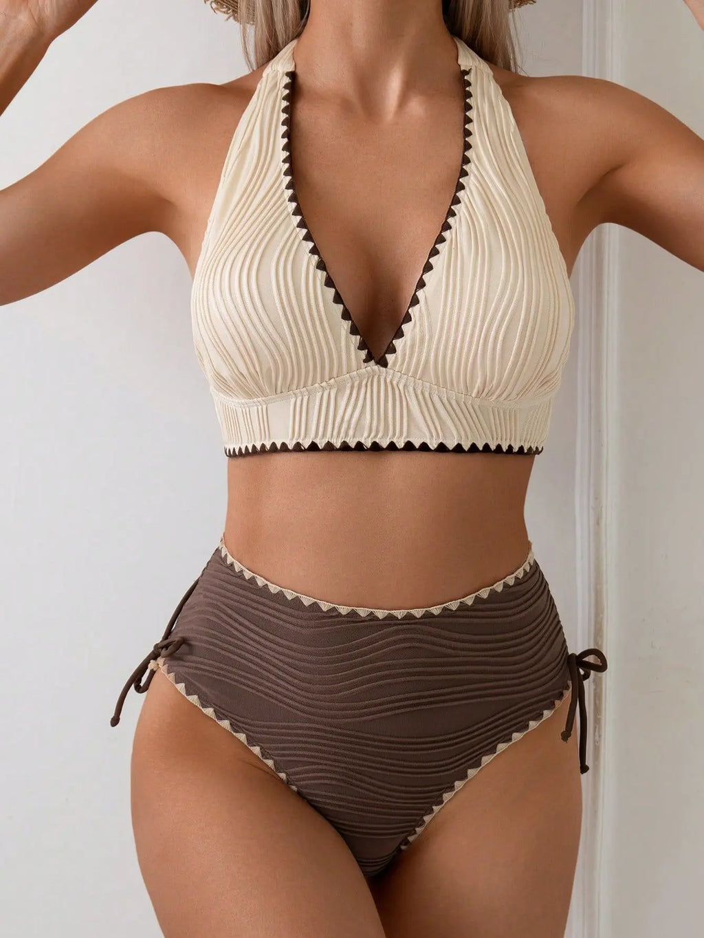 2026 Sexy Khaki Patchwork Two Piece High Waist Bikini Swimwear Set