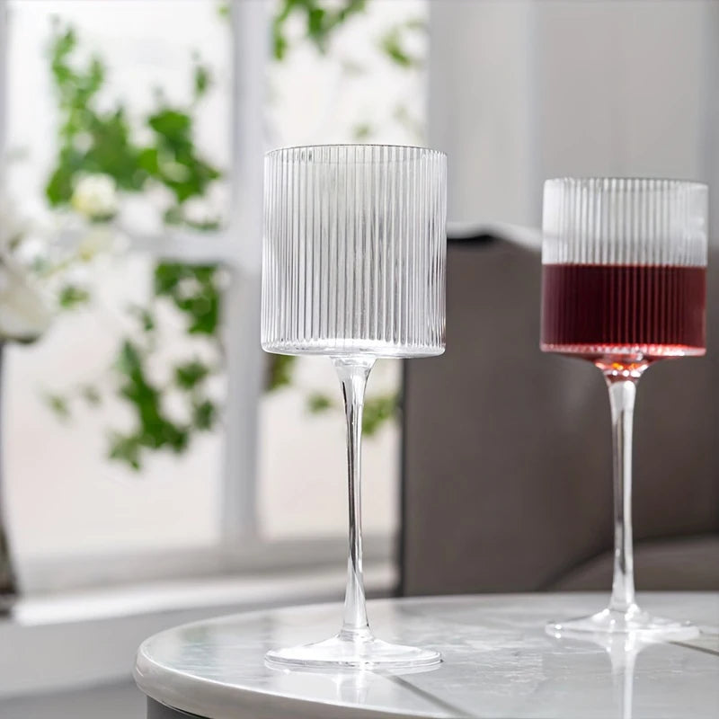 Elegant Ribbed Wine Glass Long Stem Unique Modern Shape