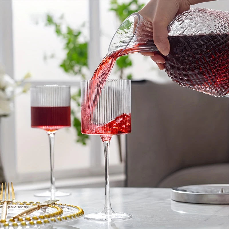 Elegant Ribbed Wine Glass Long Stem Unique Modern Shape