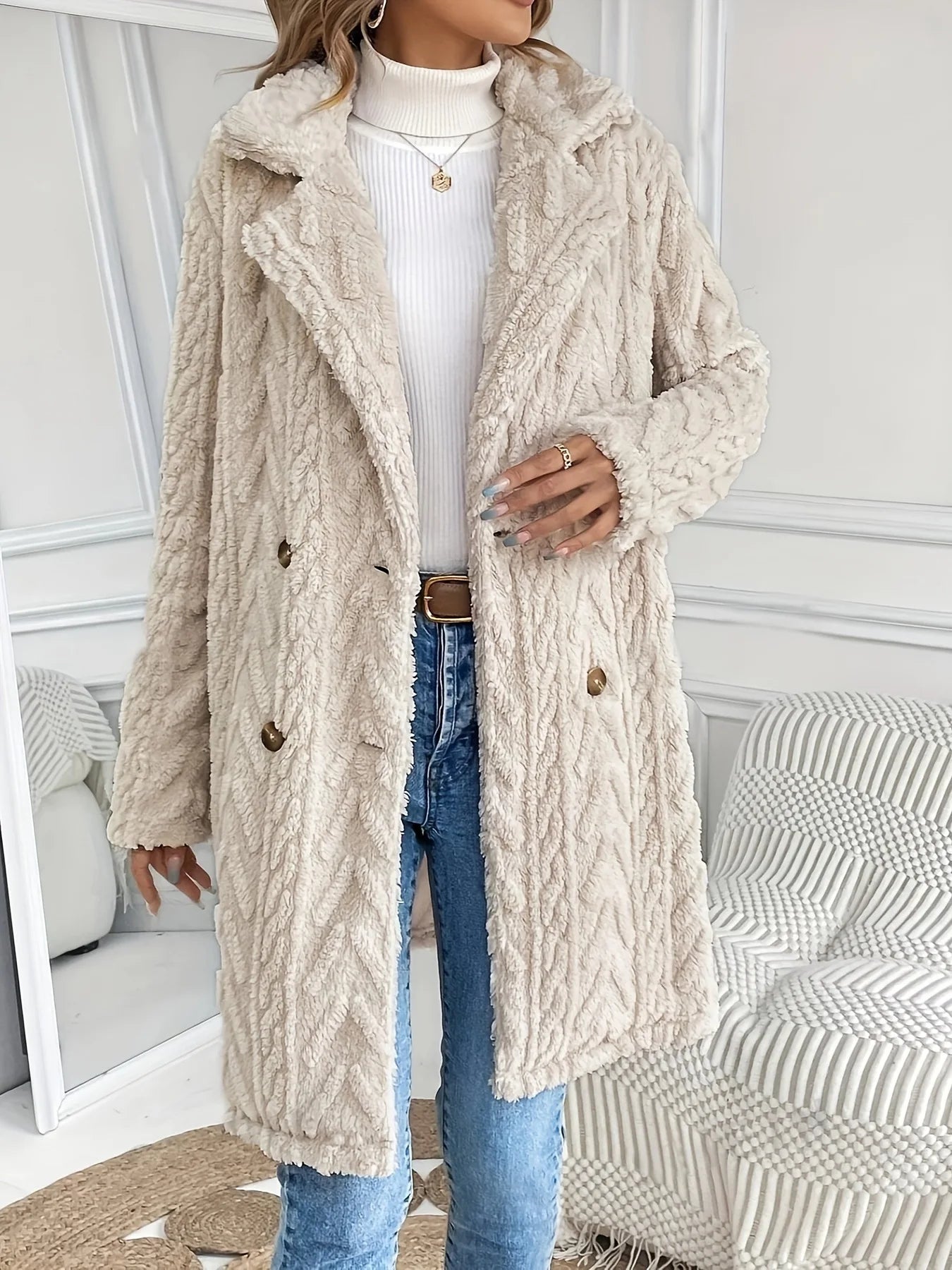 2026 Spring Casual Mid Length Collared Coat in Cream