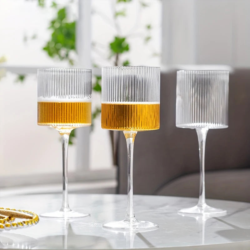 Elegant Ribbed Wine Glass Long Stem Unique Modern Shape