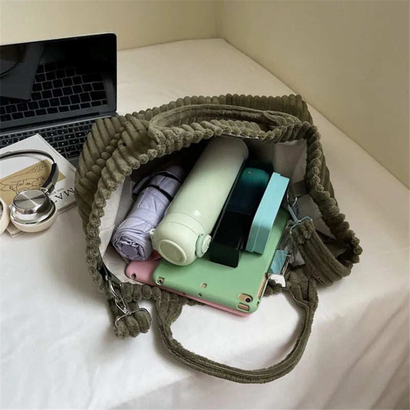 Large Capacity Striped Velvet Corduroy Tote Handbag