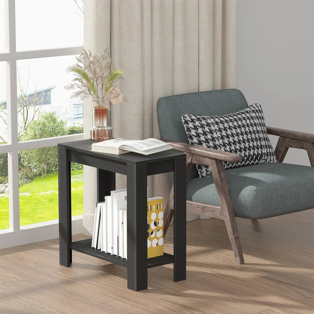 Space Saving Side Table in Black with 2-Tier Open Storage