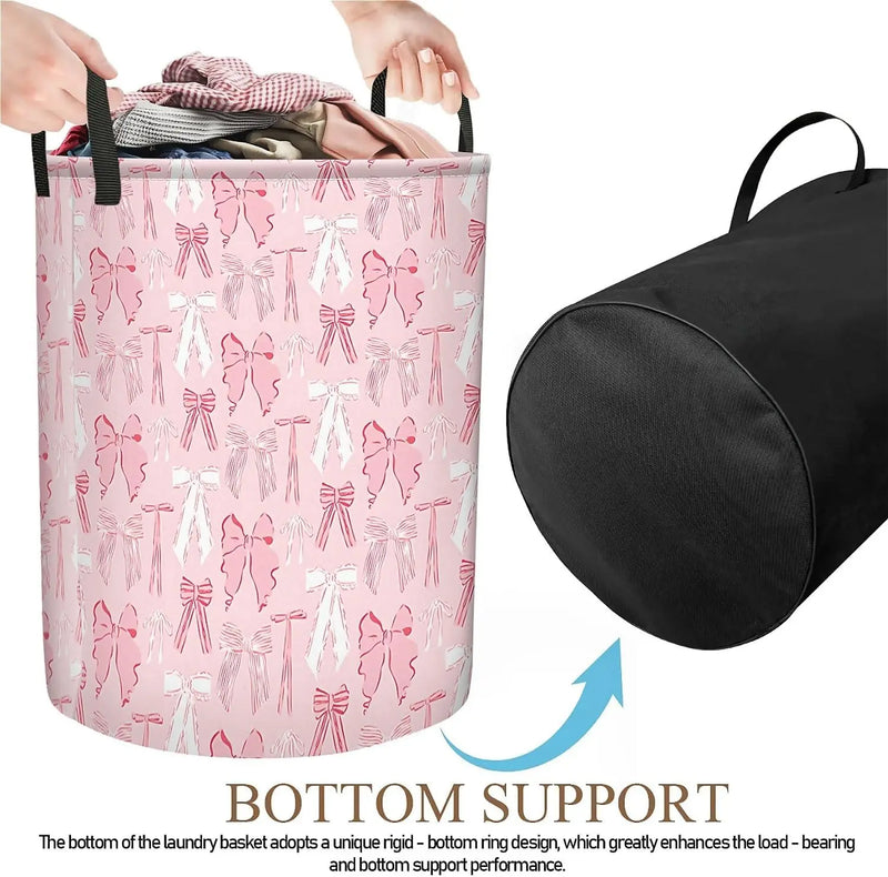 Pink Bows Laundry Basket Foldable with Handles, Waterproof Oxford Cloth Laundry Hamper Clothes Storage Bucket Toy Organizer