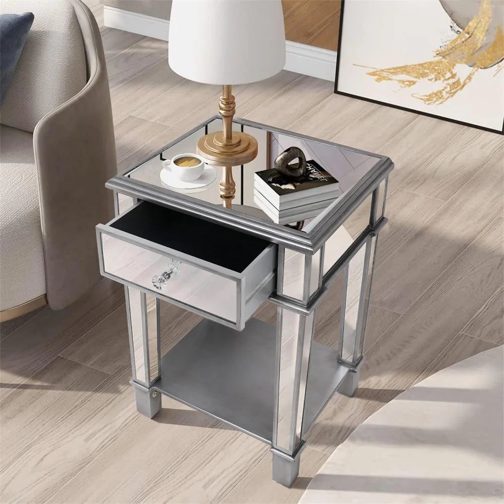 Stunning Silver Glass Mirrored Side Table Nightstand