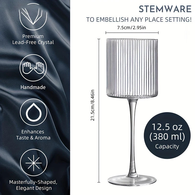 Elegant Ribbed Wine Glass Long Stem Unique Modern Shape