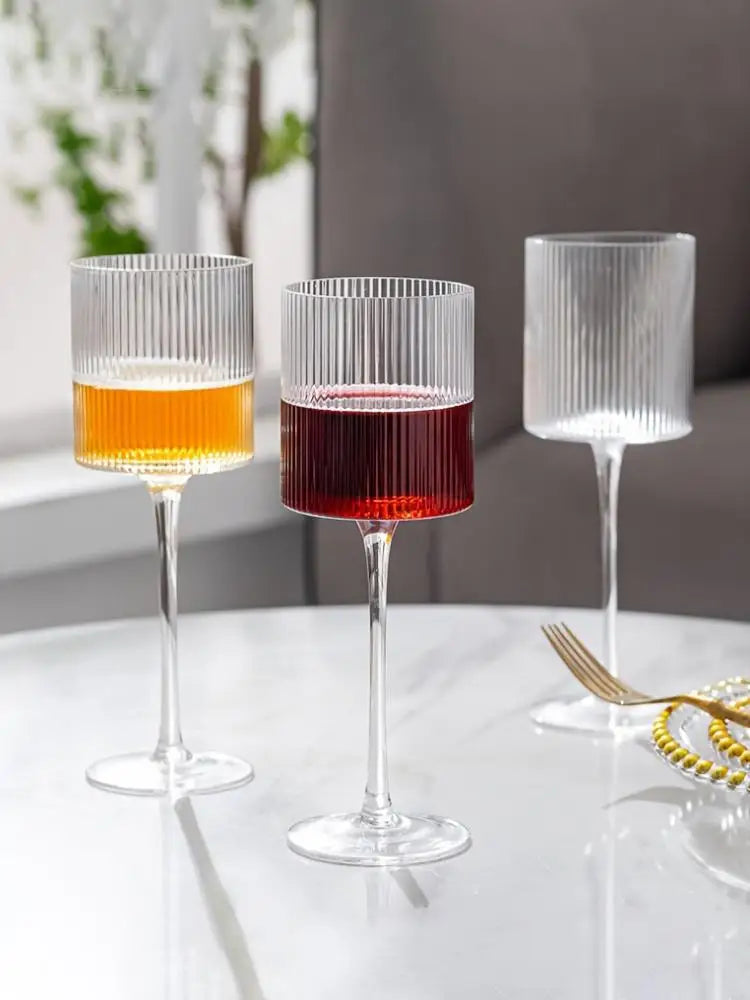 Elegant Ribbed Wine Glass Long Stem Unique Modern Shape
