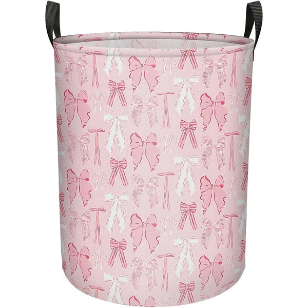 Pink Bows Laundry Basket Foldable with Handles, Waterproof Oxford Cloth Laundry Hamper Clothes Storage Bucket Toy Organizer