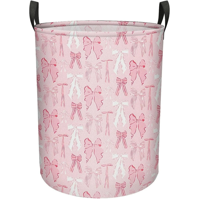 Pink Bows Laundry Basket Foldable with Handles, Waterproof Oxford Cloth Laundry Hamper Clothes Storage Bucket Toy Organizer