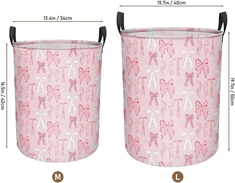 Pink Bows Laundry Basket Foldable with Handles, Waterproof Oxford Cloth Laundry Hamper Clothes Storage Bucket Toy Organizer