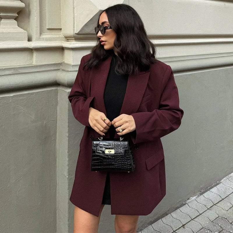Women's Trending Oversized Double Breasted Blazer in Burgundy