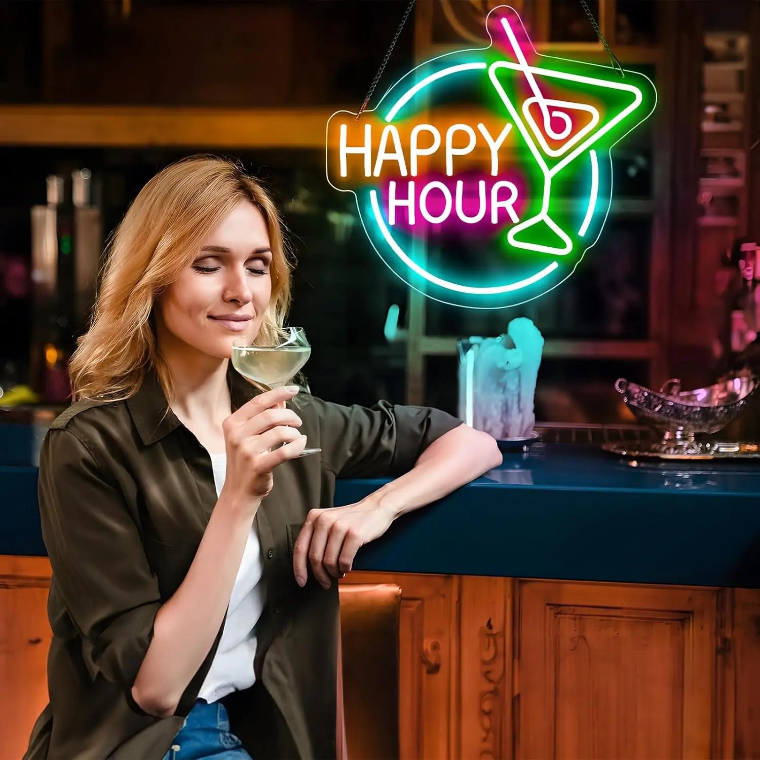 Happy Hour Dimmable LED Neon Novelty Sign, 5V USB Power Supply