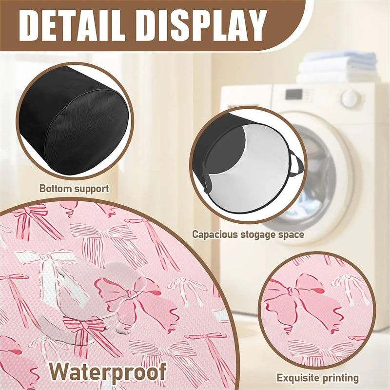 Pink Bows Laundry Basket Foldable with Handles, Waterproof Oxford Cloth Laundry Hamper Clothes Storage Bucket Toy Organizer