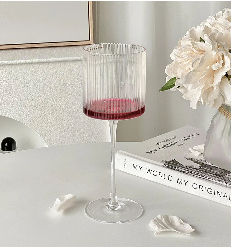 Elegant Ribbed Wine Glass Long Stem Unique Modern Shape