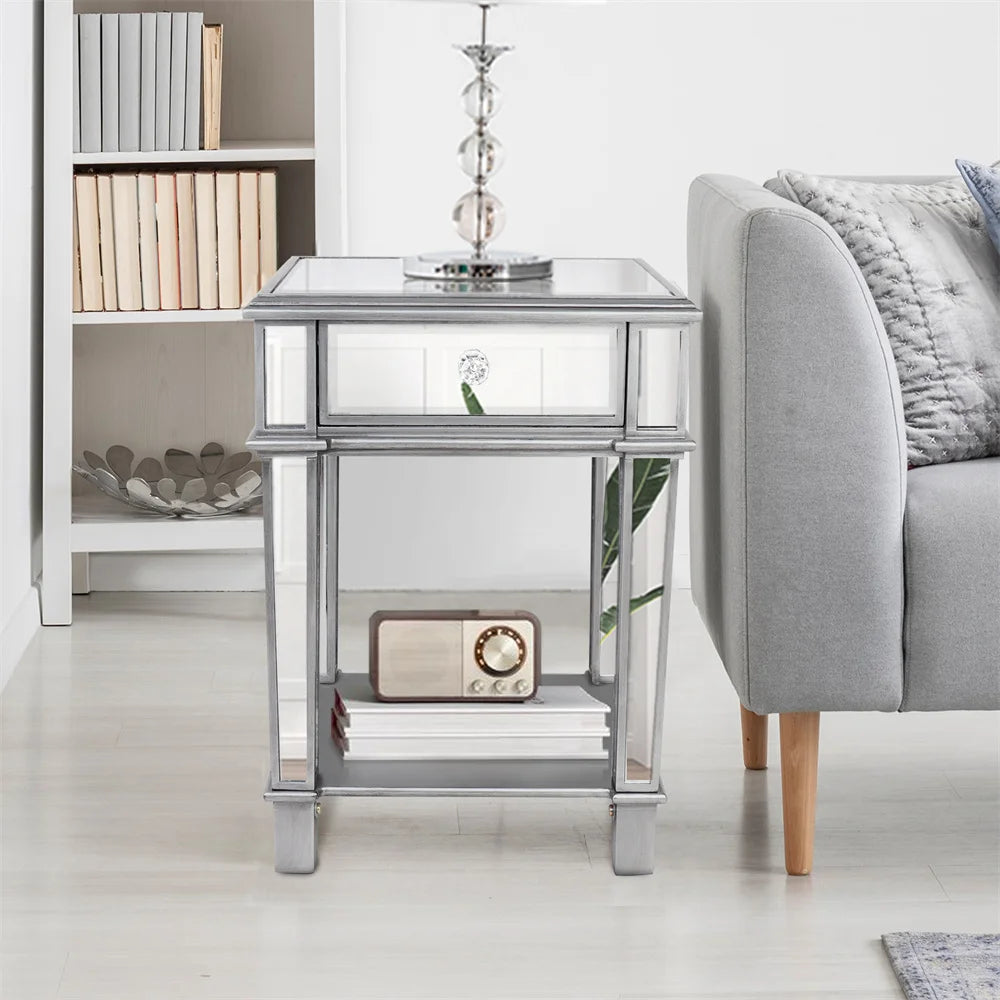 Stunning Silver Glass Mirrored Side Table Nightstand