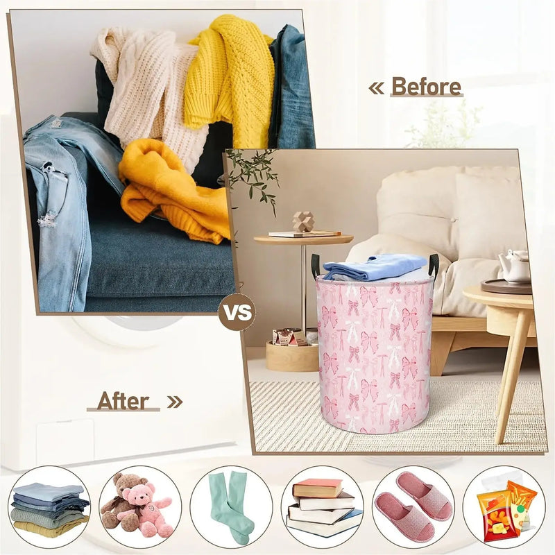 Pink Bows Laundry Basket Foldable with Handles, Waterproof Oxford Cloth Laundry Hamper Clothes Storage Bucket Toy Organizer