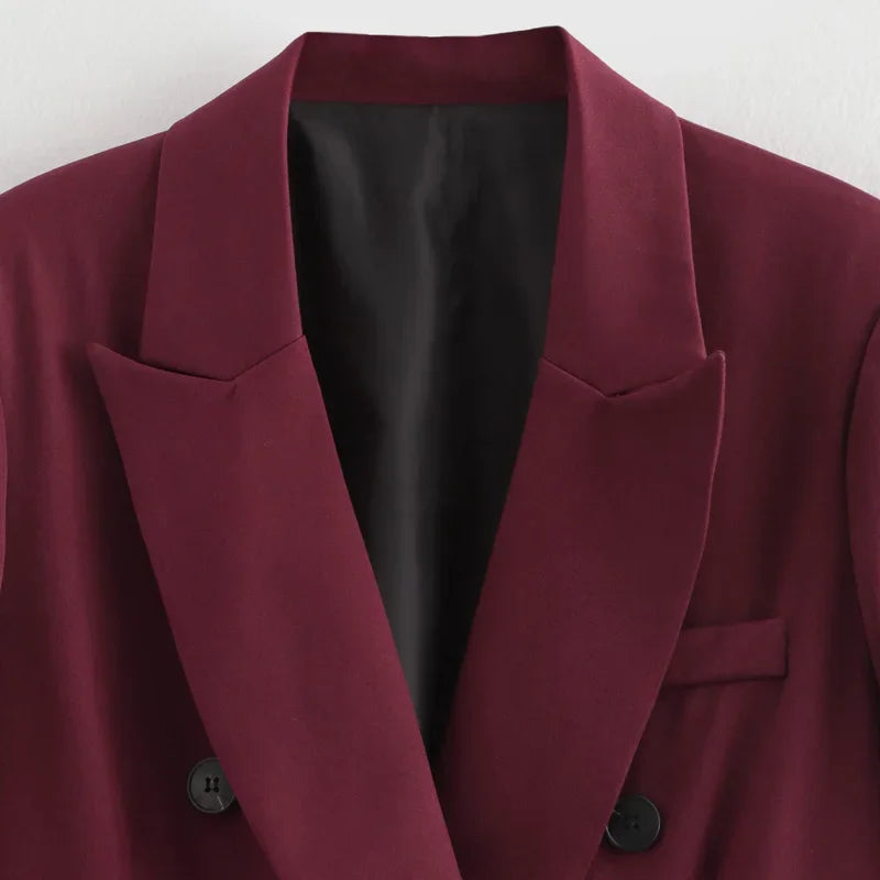 Women's Trending Oversized Double Breasted Blazer in Burgundy