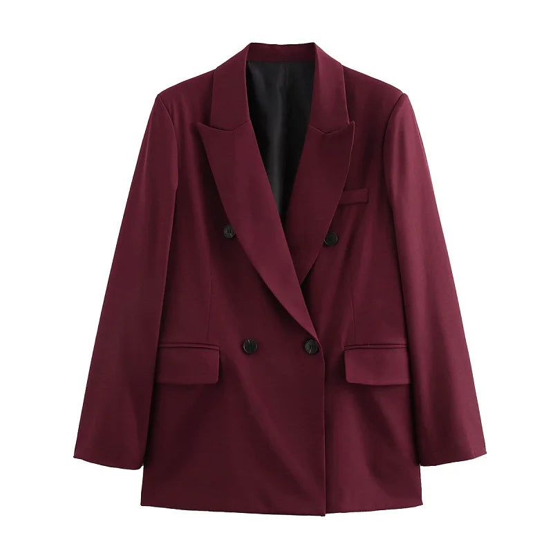 Women's Trending Oversized Double Breasted Blazer in Burgundy