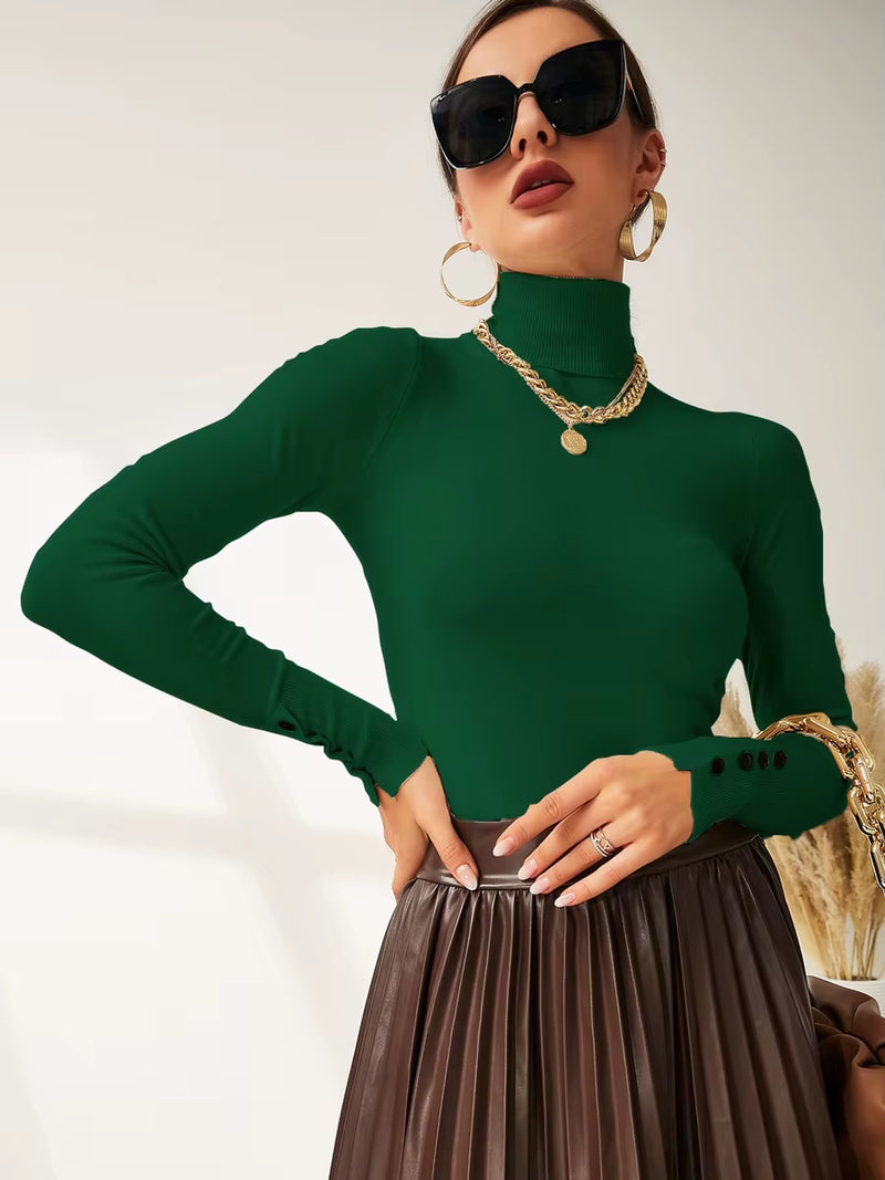 New Winter Spring Women Button Cuff Knit Turtleneck Pullover Loose Sweater Female Korean Fashion Jumper Tops Y2K Clothes Pulls