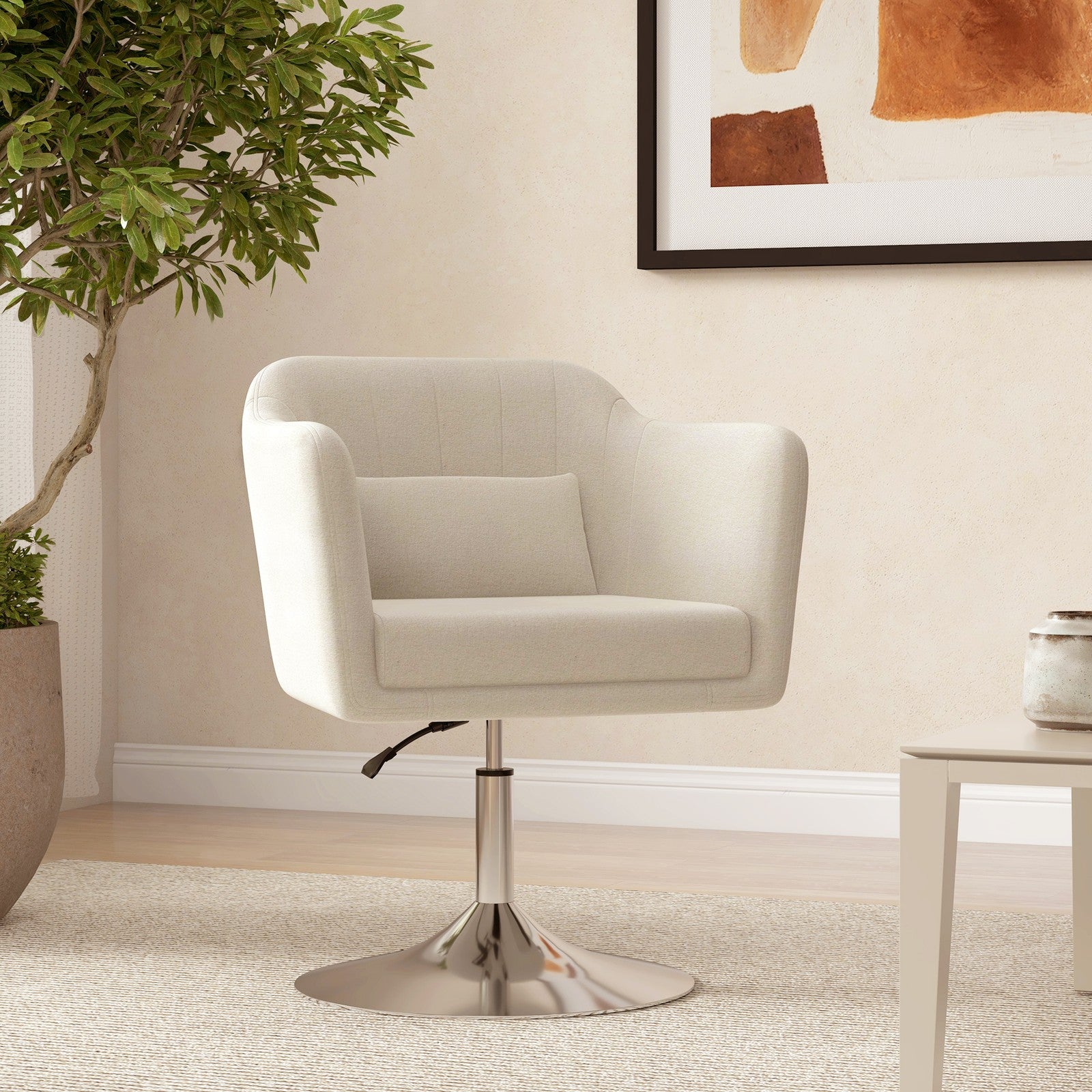 Stylish Retro Cream White Linen Swivel Tub Chair
