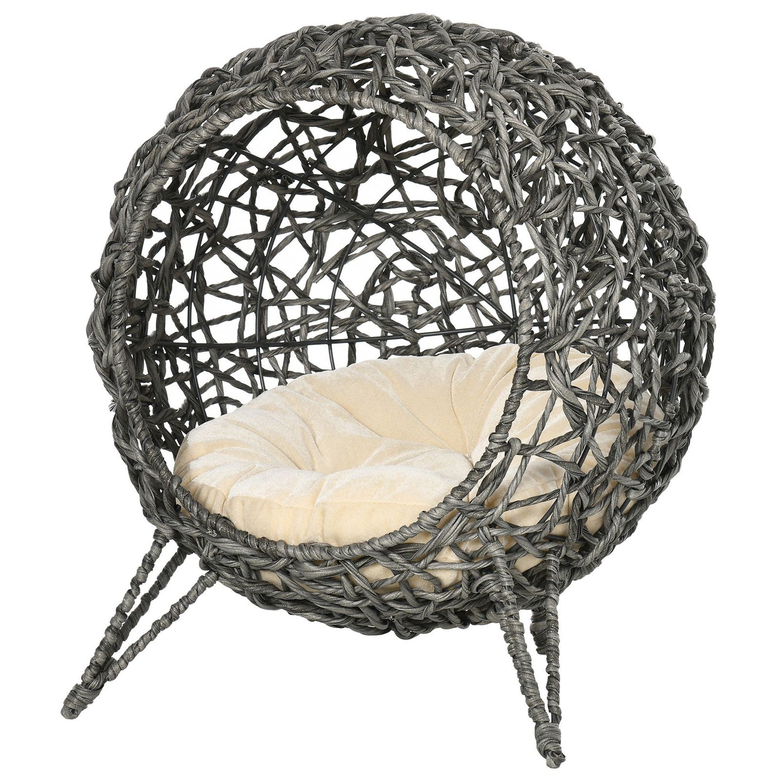 Pawhut Rattan Elevated Cat House Kitten Bed Pet Furniture W/ Cushion Grey