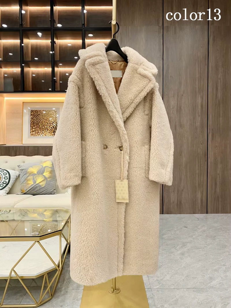 Real Fur Coat Wool Jacket Women Autumn Winter Thick Warm Soft Fleece Jacket Pocket Outerwear Overcoat Bear Teddy