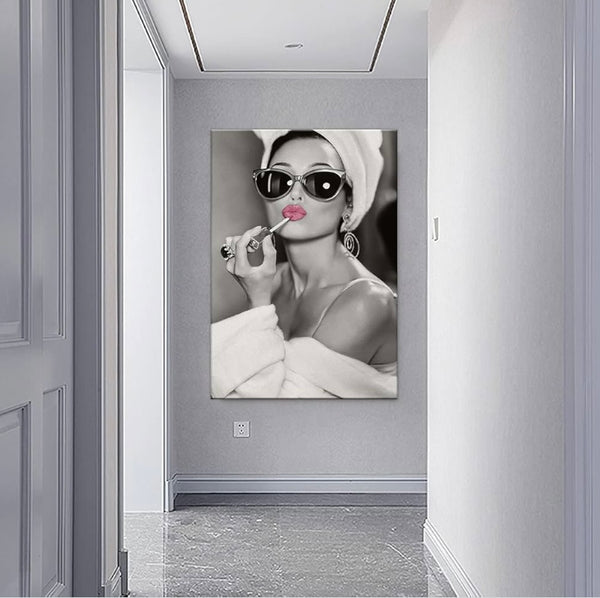 Audrey Hepburn Vintage Pink Lipstick Black and White Canvas Wall Art, Framed Ready to Hang