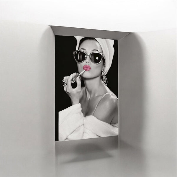 Audrey Hepburn Vintage Pink Lipstick Black and White Canvas Wall Art, Framed Ready to Hang