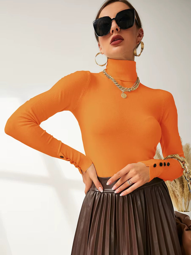 New Winter Spring Women Button Cuff Knit Turtleneck Pullover Loose Sweater Female Korean Fashion Jumper Tops Y2K Clothes Pulls