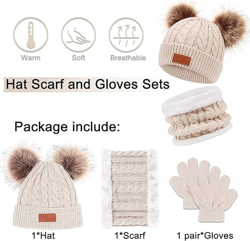 Kids Winter Hat Scarf Gloves Set 3-In-1 Warm Knit Beanie Cap Neck Warmer Mittens
