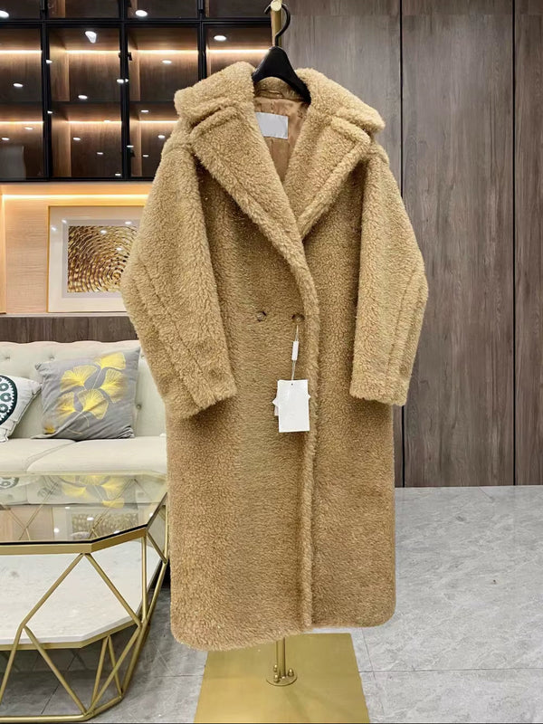 Real Fur Coat Wool Jacket Women Autumn Winter Thick Warm Soft Fleece Jacket Pocket Outerwear Overcoat Bear Teddy