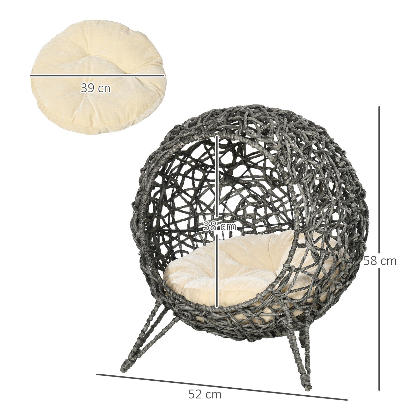 Pawhut Rattan Elevated Cat House Kitten Bed Pet Furniture W/ Cushion Grey