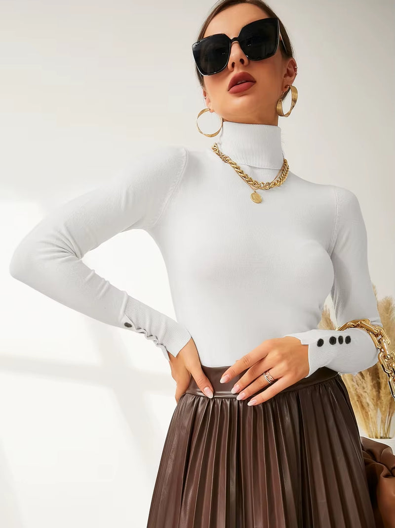 New Winter Spring Women Button Cuff Knit Turtleneck Pullover Loose Sweater Female Korean Fashion Jumper Tops Y2K Clothes Pulls