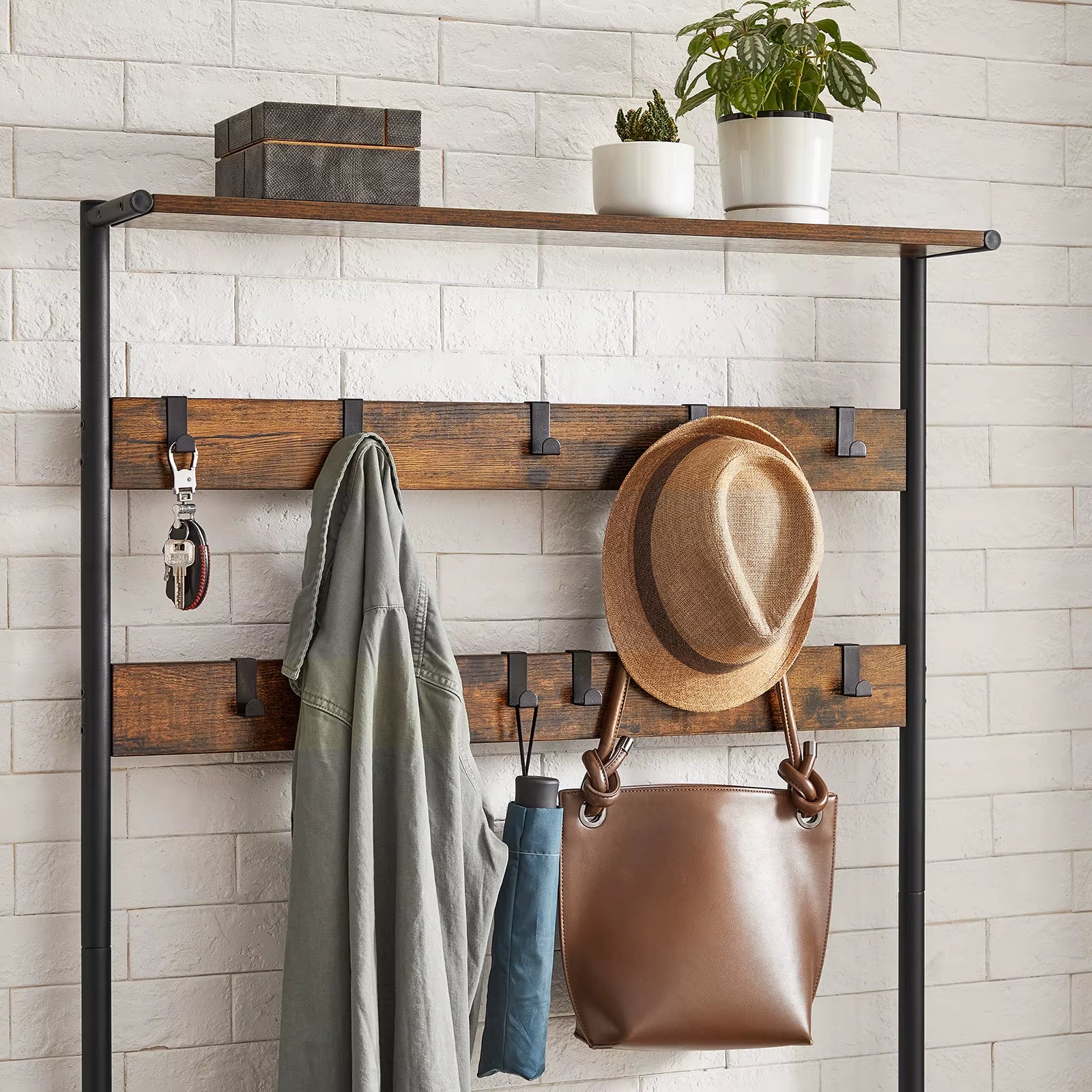 Coat Stand Rack, Coat and Shoe Storage Hallway, Coat Tree with Shoe Bench, 9 Removable Hooks, Top Shelf