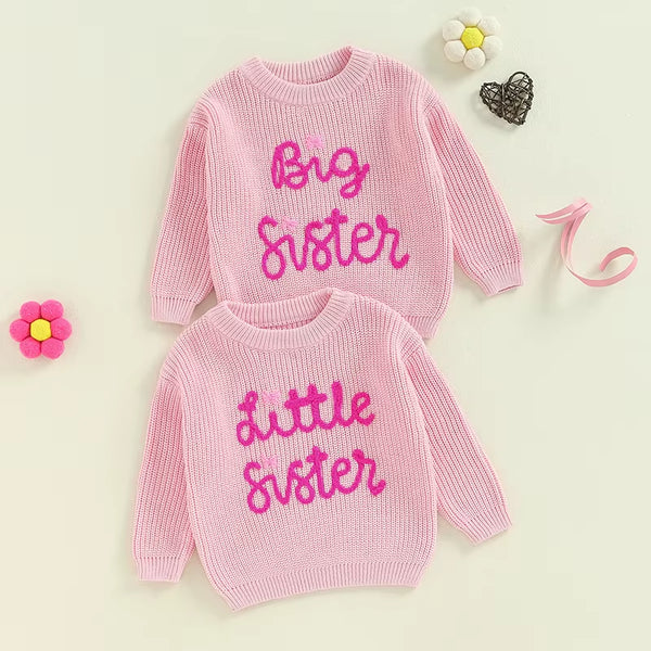 Big Sister Little Sister Matching Jumper Embroidered Letter Knitted Sweater Long Sleeve Sweatshirt Pullover Top Outfit