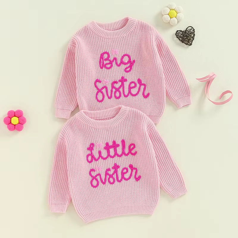 Big Sister Little Sister Matching Jumper Embroidered Letter Knitted Sweater Long Sleeve Sweatshirt Pullover Top Outfit