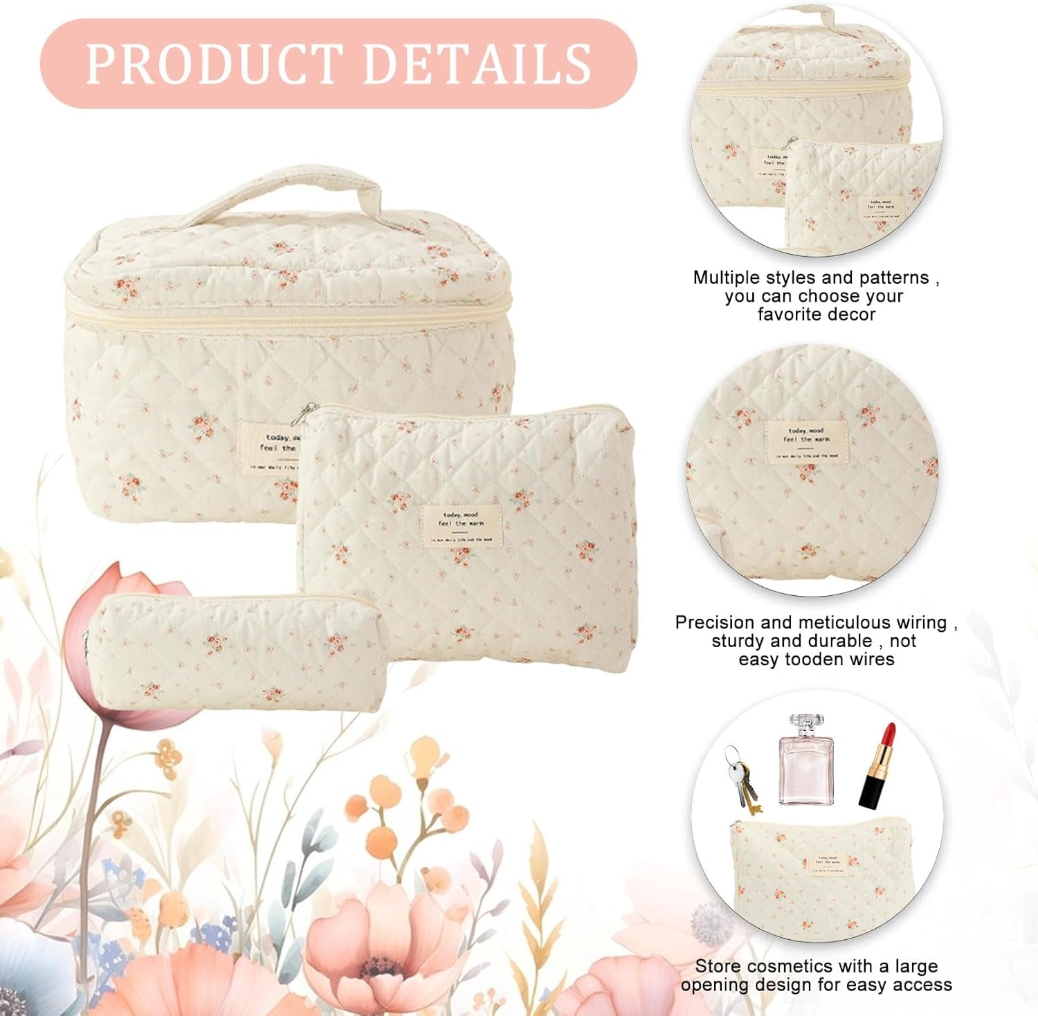 3Pcs Cotton Quilted ,Portable Travel Cosmetic Bag,Large Capacity Coquette Aesthetic Make up Bag Organizer,Travel Toiletry Bag with Handle for Women Girls Ladies (White)