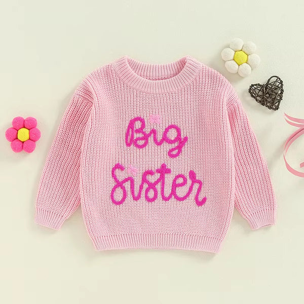 Big Sister Little Sister Matching Jumper Embroidered Letter Knitted Sweater Long Sleeve Sweatshirt Pullover Top Outfit