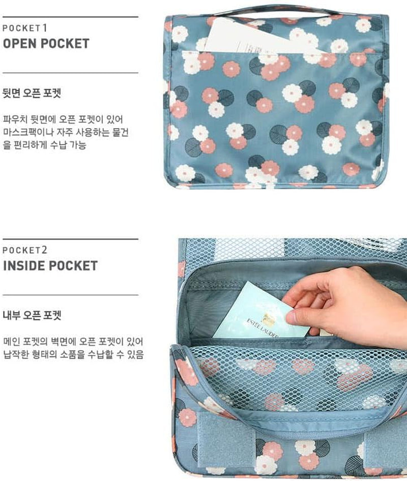 Travel Wash Bag - Bag Makeup Bag Organizer - Hanging Toiletry Bag - Suitable for Toiletries and Ladies,Cosmetic Accessories Storage Pouch,Blue with Flower