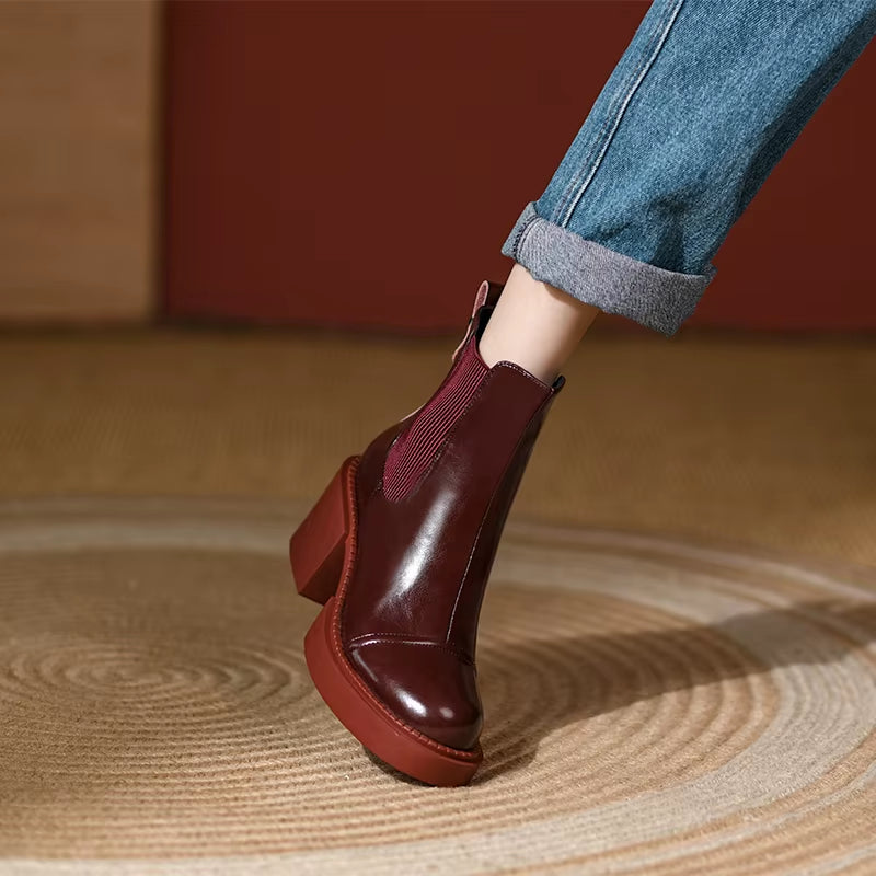 2024 Winter Genuine Leather Ankle Boots Women Shoes Retro round Toe Women Boots Platform Boots Womens Heels Chunky Boots