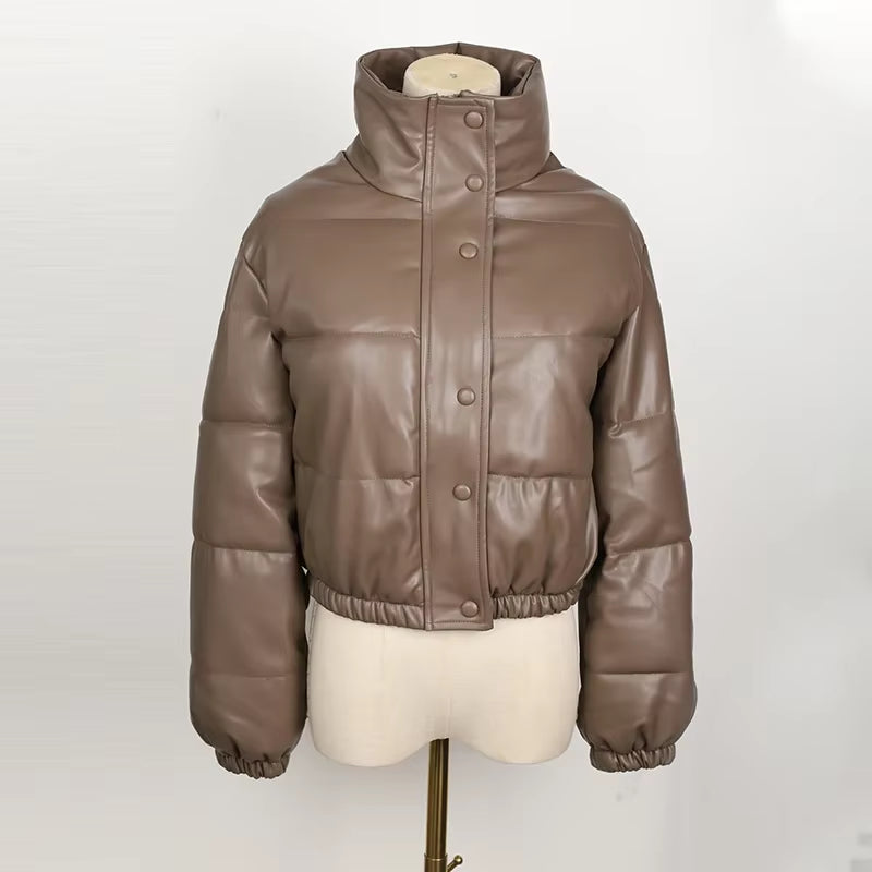 Winter Parka Coat Women'S Jacket Thick Warm Women Fashion Black PU Leather Coats Women Elegant Zipper Faux Leather Jackets Tops