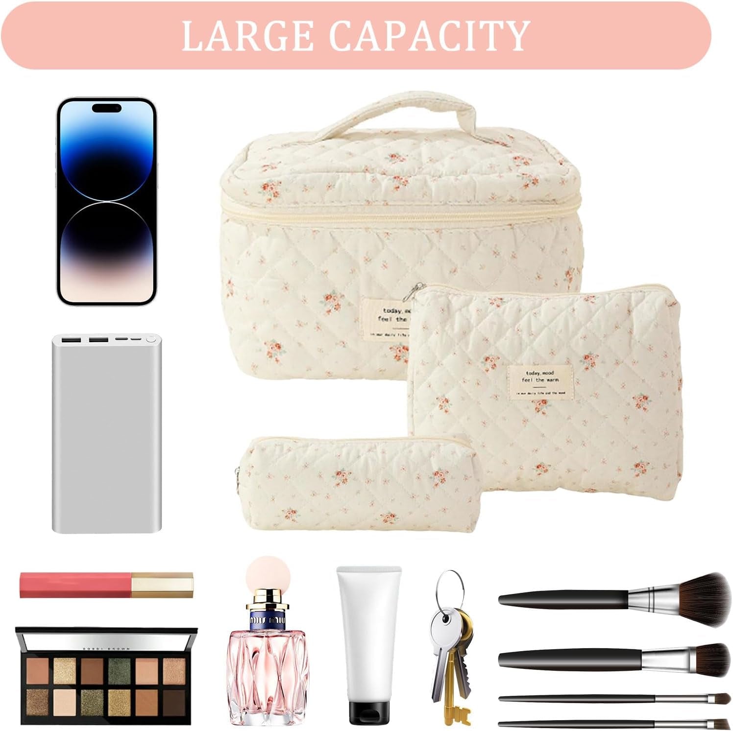 3Pcs Cotton Quilted ,Portable Travel Cosmetic Bag,Large Capacity Coquette Aesthetic Make up Bag Organizer,Travel Toiletry Bag with Handle for Women Girls Ladies (White)